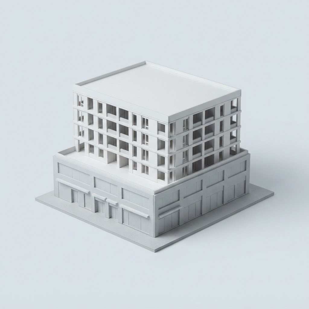 Maquette de masse — Scénario B — résidentiel + commerces. Volume illustratif en gris, sans texte.