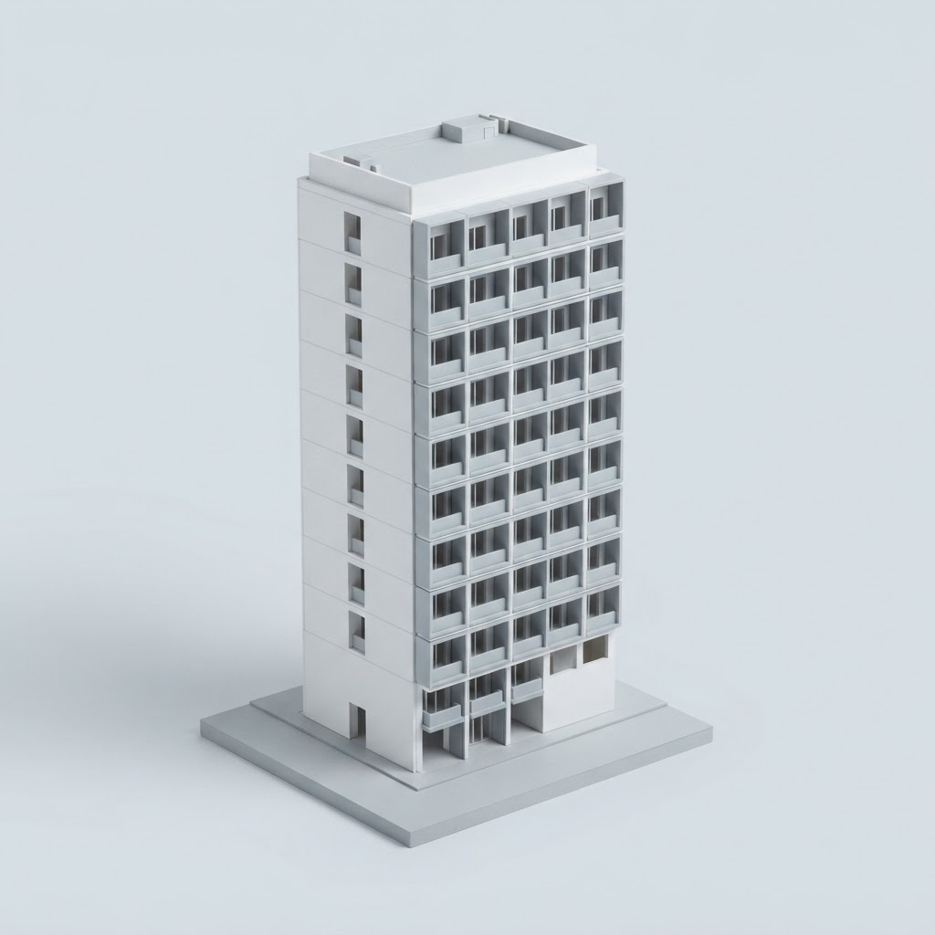 Maquette de masse — Scénario C — résidence services. Volume illustratif en gris, sans texte.
